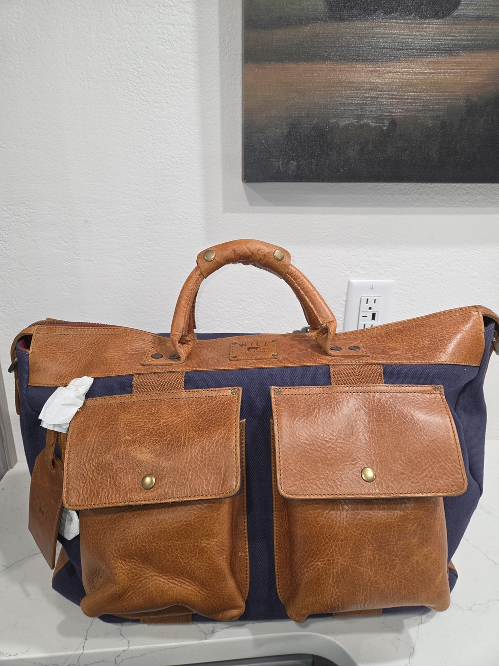 Will Leather Goods Travel Duffel Canvas & Leather Travel Bag Blue & Brown NWT